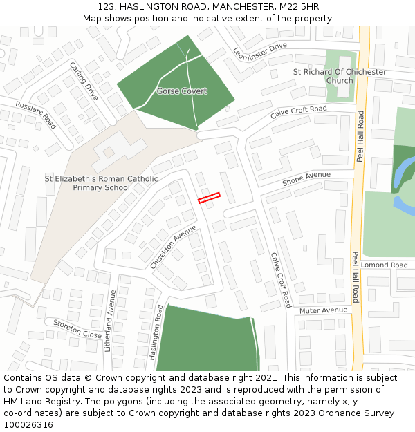 123, HASLINGTON ROAD, MANCHESTER, M22 5HR: Location map and indicative extent of plot