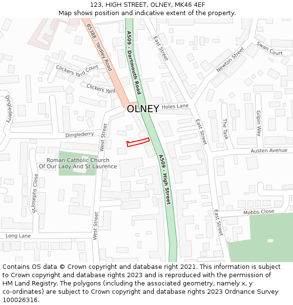 123, HIGH STREET, OLNEY, MK46 4EF: Location map and indicative extent of plot