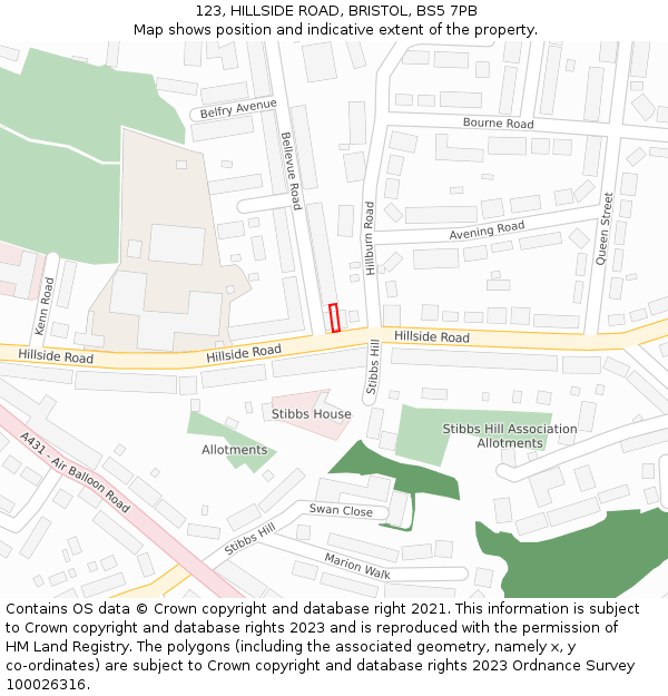 123, HILLSIDE ROAD, BRISTOL, BS5 7PB: Location map and indicative extent of plot
