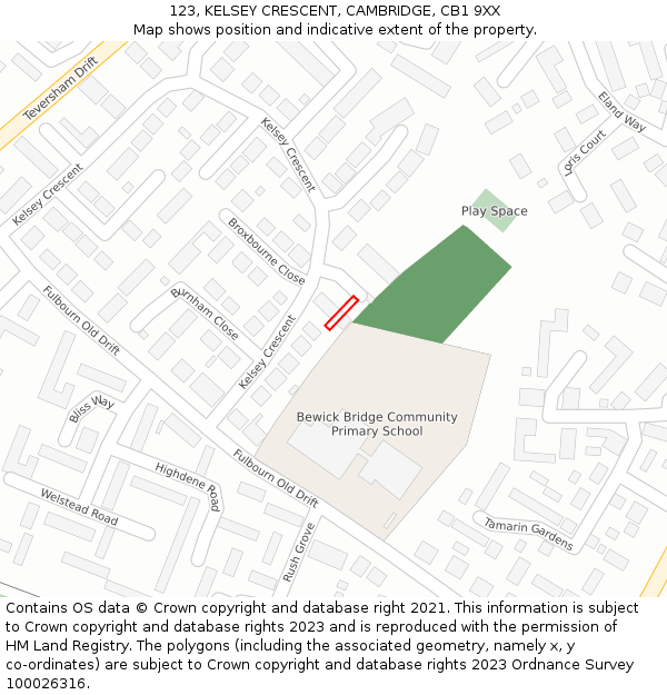 123, KELSEY CRESCENT, CAMBRIDGE, CB1 9XX: Location map and indicative extent of plot