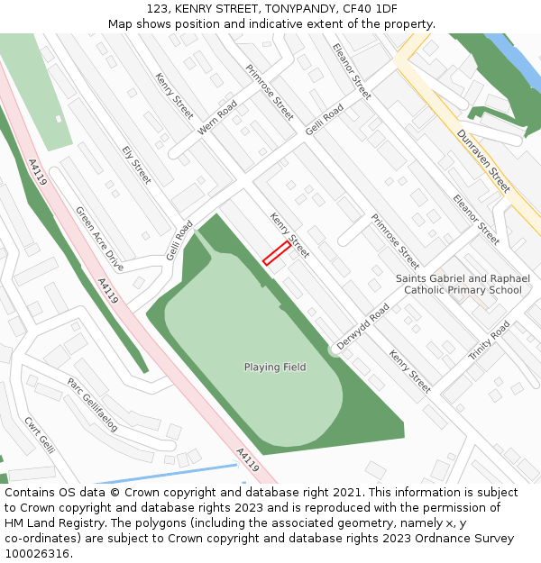 123, KENRY STREET, TONYPANDY, CF40 1DF: Location map and indicative extent of plot