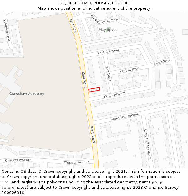 123, KENT ROAD, PUDSEY, LS28 9EG: Location map and indicative extent of plot