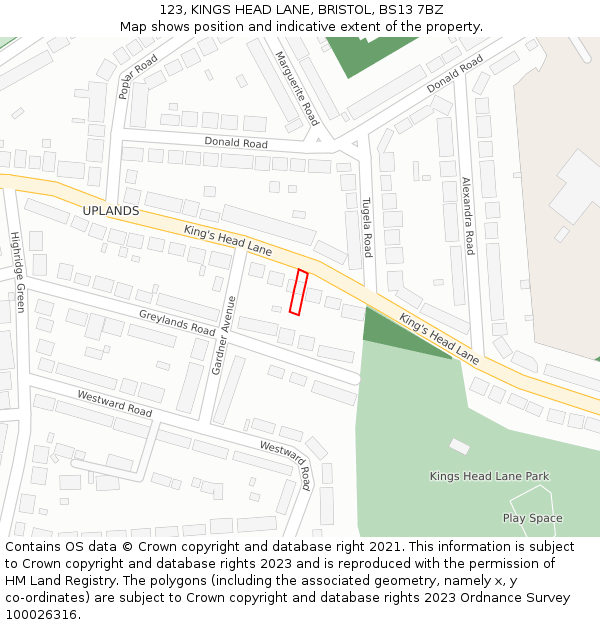 123, KINGS HEAD LANE, BRISTOL, BS13 7BZ: Location map and indicative extent of plot