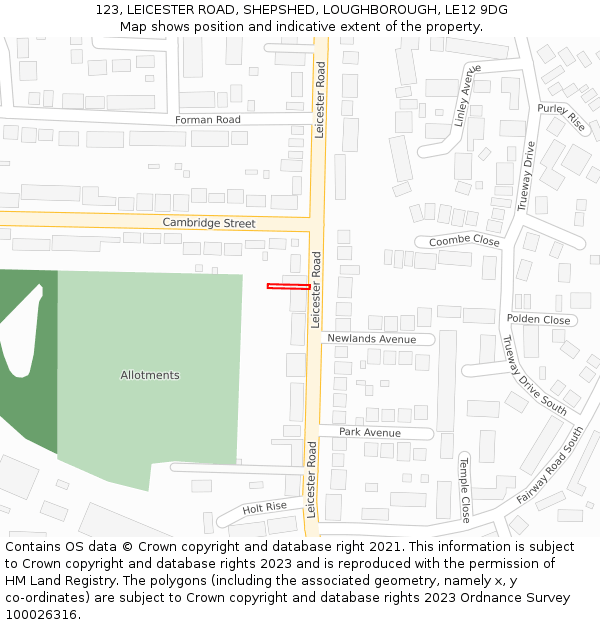 123, LEICESTER ROAD, SHEPSHED, LOUGHBOROUGH, LE12 9DG: Location map and indicative extent of plot