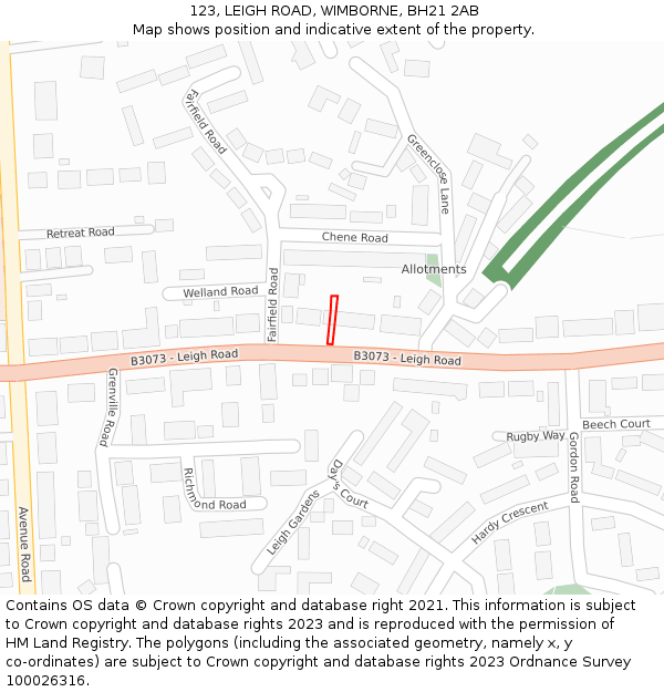 123, LEIGH ROAD, WIMBORNE, BH21 2AB: Location map and indicative extent of plot