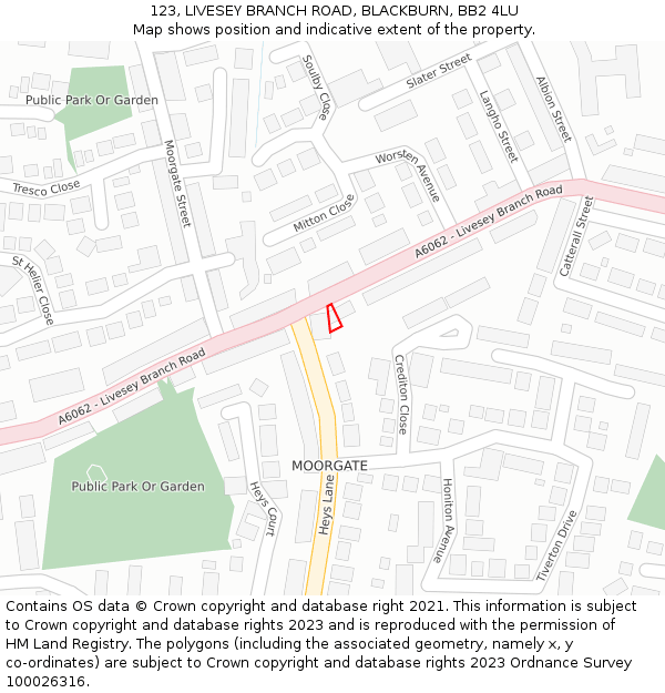 123, LIVESEY BRANCH ROAD, BLACKBURN, BB2 4LU: Location map and indicative extent of plot