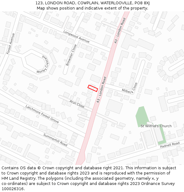 123, LONDON ROAD, COWPLAIN, WATERLOOVILLE, PO8 8XJ: Location map and indicative extent of plot