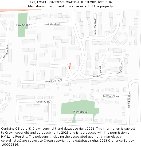 123, LOVELL GARDENS, WATTON, THETFORD, IP25 6UA: Location map and indicative extent of plot