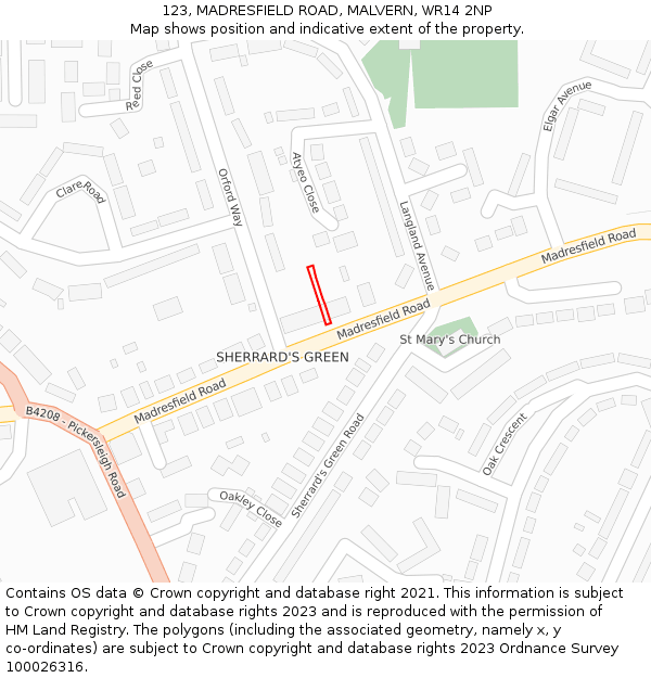 123, MADRESFIELD ROAD, MALVERN, WR14 2NP: Location map and indicative extent of plot