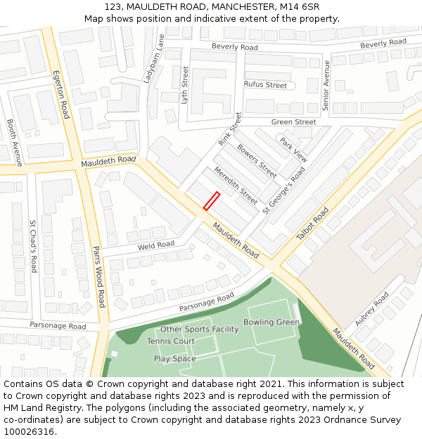 123, MAULDETH ROAD, MANCHESTER, M14 6SR: Location map and indicative extent of plot