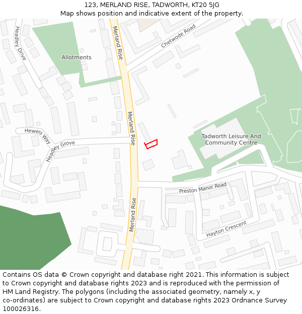 123, MERLAND RISE, TADWORTH, KT20 5JG: Location map and indicative extent of plot