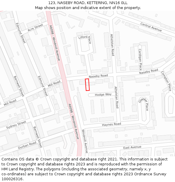 123, NASEBY ROAD, KETTERING, NN16 0LL: Location map and indicative extent of plot