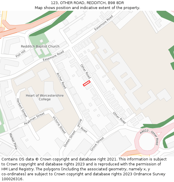 123, OTHER ROAD, REDDITCH, B98 8DR: Location map and indicative extent of plot