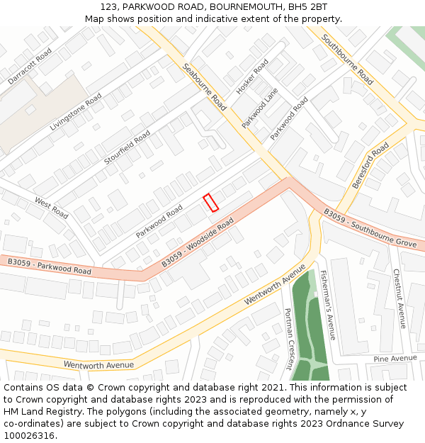 123, PARKWOOD ROAD, BOURNEMOUTH, BH5 2BT: Location map and indicative extent of plot