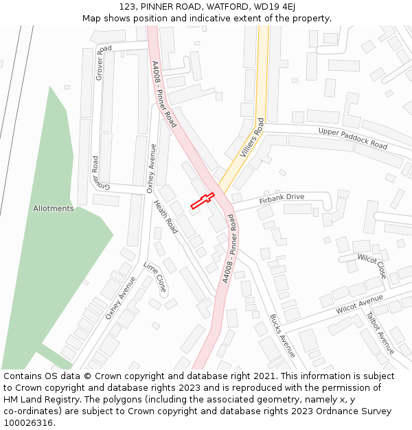 123, PINNER ROAD, WATFORD, WD19 4EJ: Location map and indicative extent of plot