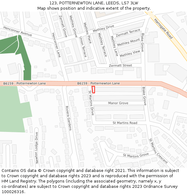123, POTTERNEWTON LANE, LEEDS, LS7 3LW: Location map and indicative extent of plot