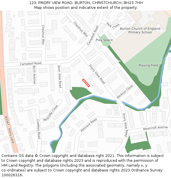 123, PRIORY VIEW ROAD, BURTON, CHRISTCHURCH, BH23 7HH: Location map and indicative extent of plot
