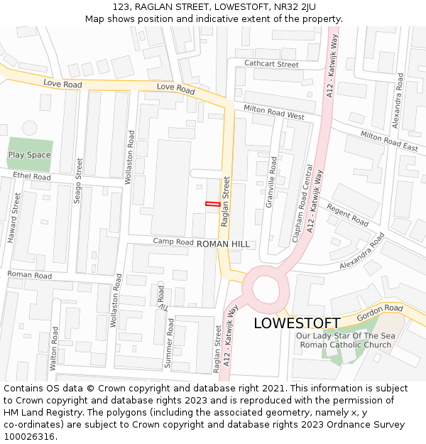 123, RAGLAN STREET, LOWESTOFT, NR32 2JU: Location map and indicative extent of plot