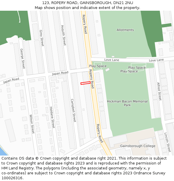 123, ROPERY ROAD, GAINSBOROUGH, DN21 2NU: Location map and indicative extent of plot