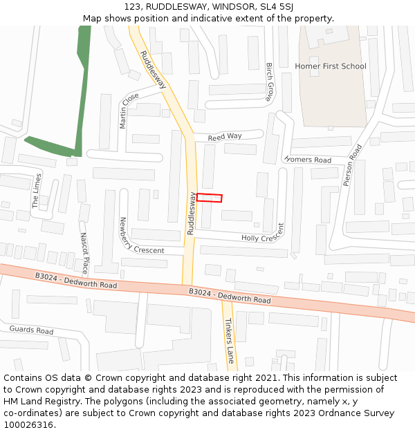 123, RUDDLESWAY, WINDSOR, SL4 5SJ: Location map and indicative extent of plot
