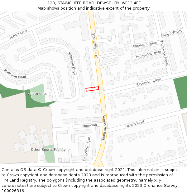 123, STAINCLIFFE ROAD, DEWSBURY, WF13 4EF: Location map and indicative extent of plot