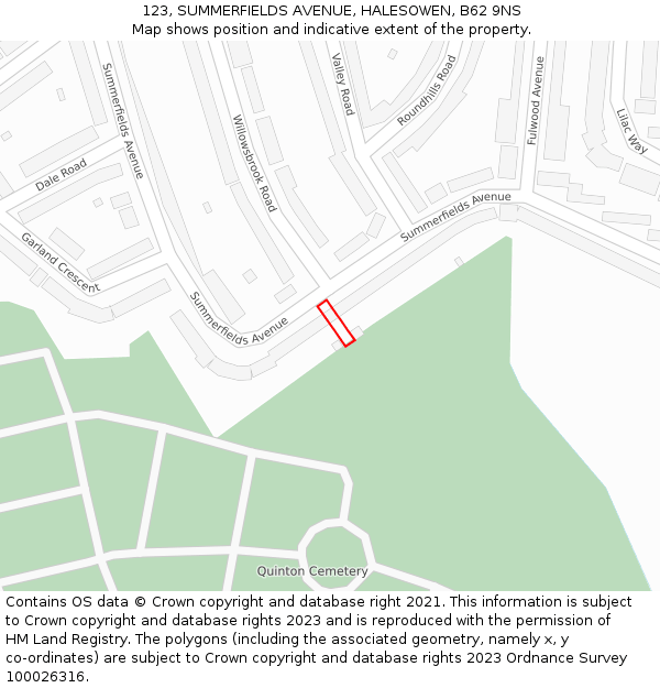 123, SUMMERFIELDS AVENUE, HALESOWEN, B62 9NS: Location map and indicative extent of plot