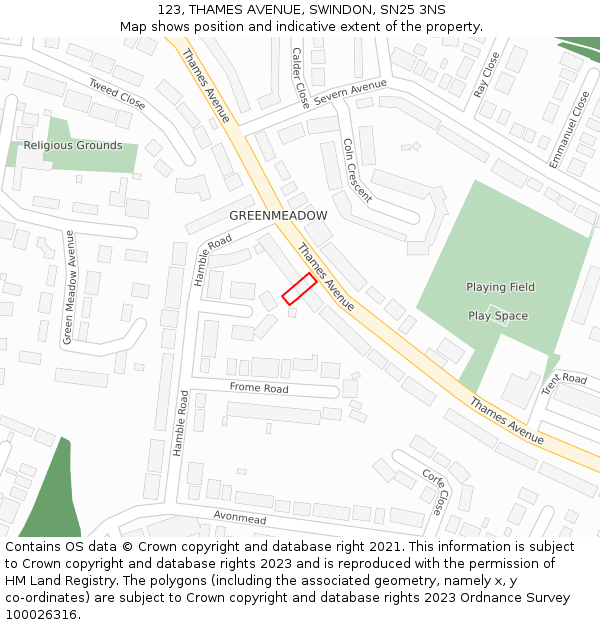 123, THAMES AVENUE, SWINDON, SN25 3NS: Location map and indicative extent of plot