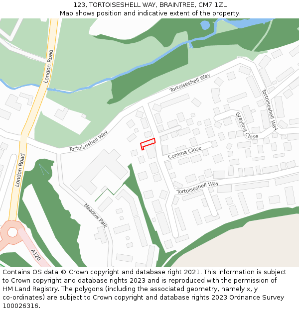123, TORTOISESHELL WAY, BRAINTREE, CM7 1ZL: Location map and indicative extent of plot