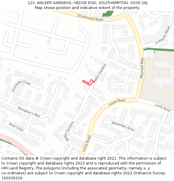 123, WALKER GARDENS, HEDGE END, SOUTHAMPTON, SO30 2AJ: Location map and indicative extent of plot