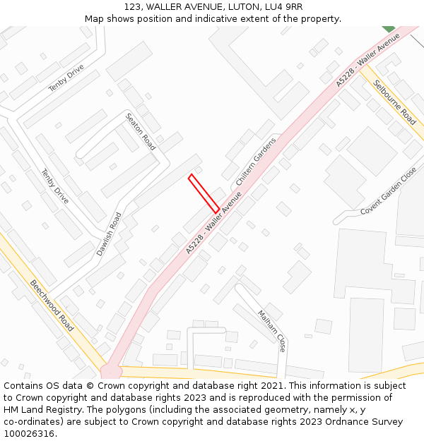 123, WALLER AVENUE, LUTON, LU4 9RR: Location map and indicative extent of plot