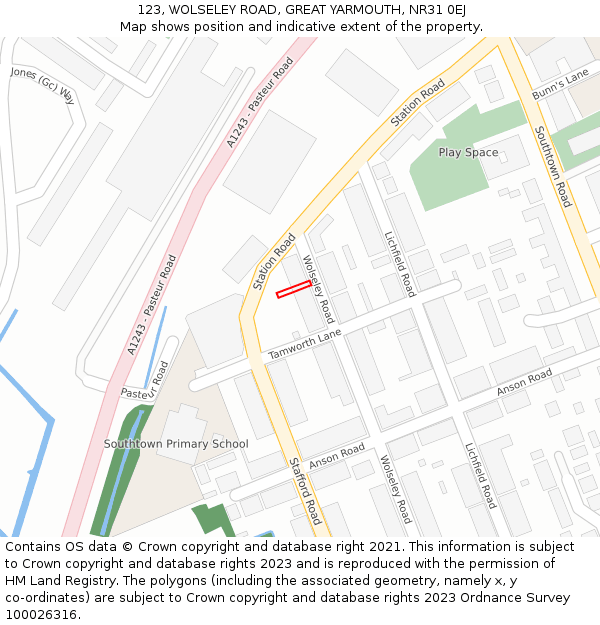 123, WOLSELEY ROAD, GREAT YARMOUTH, NR31 0EJ: Location map and indicative extent of plot