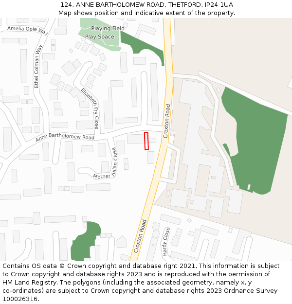 124, ANNE BARTHOLOMEW ROAD, THETFORD, IP24 1UA: Location map and indicative extent of plot