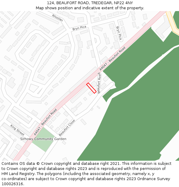 124, BEAUFORT ROAD, TREDEGAR, NP22 4NY: Location map and indicative extent of plot