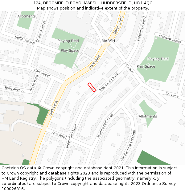 124, BROOMFIELD ROAD, MARSH, HUDDERSFIELD, HD1 4QG: Location map and indicative extent of plot