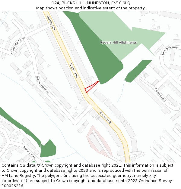 124, BUCKS HILL, NUNEATON, CV10 9LQ: Location map and indicative extent of plot