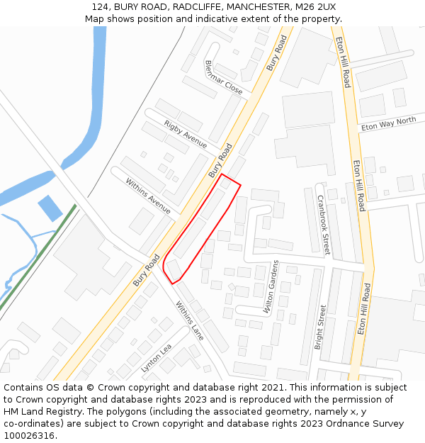 124, BURY ROAD, RADCLIFFE, MANCHESTER, M26 2UX: Location map and indicative extent of plot