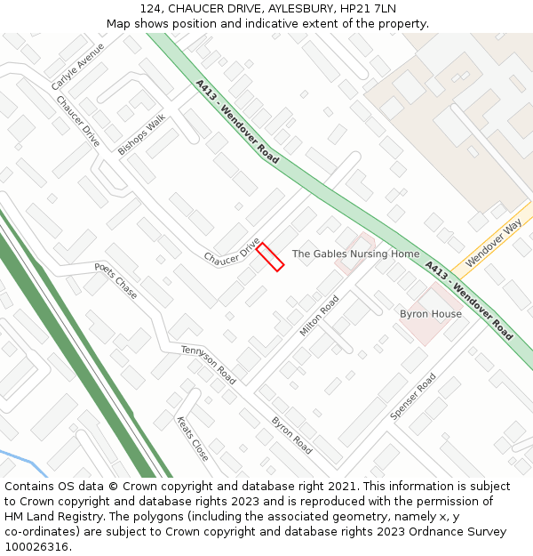 124, CHAUCER DRIVE, AYLESBURY, HP21 7LN: Location map and indicative extent of plot