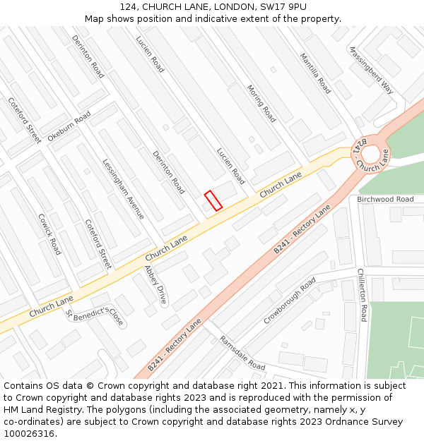 124, CHURCH LANE, LONDON, SW17 9PU: Location map and indicative extent of plot