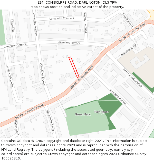 124, CONISCLIFFE ROAD, DARLINGTON, DL3 7RW: Location map and indicative extent of plot