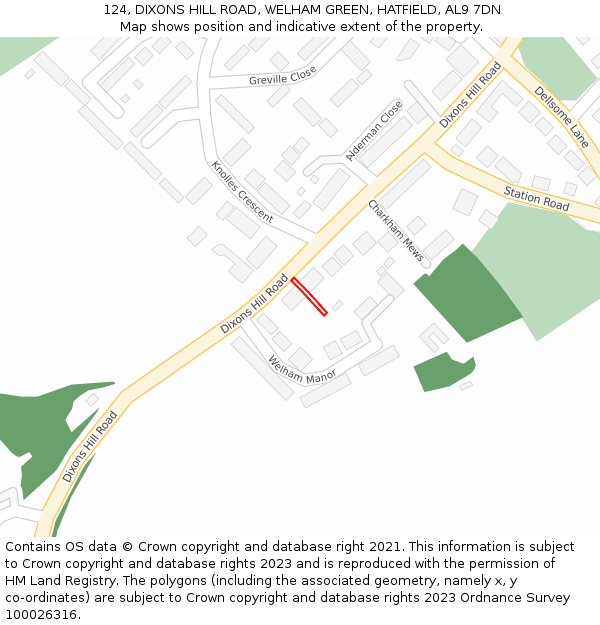 124, DIXONS HILL ROAD, WELHAM GREEN, HATFIELD, AL9 7DN: Location map and indicative extent of plot