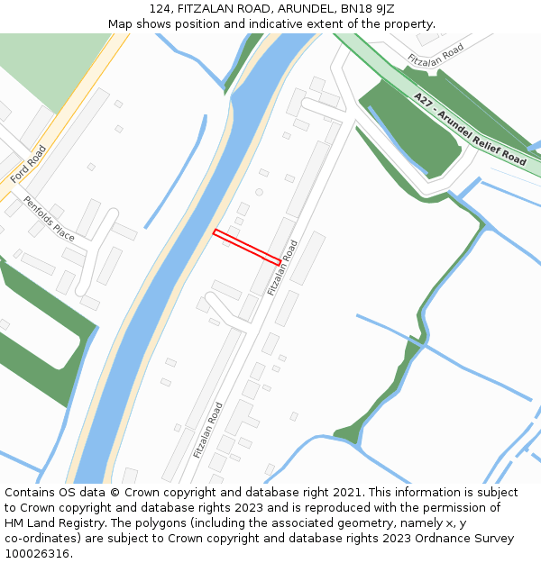 124, FITZALAN ROAD, ARUNDEL, BN18 9JZ: Location map and indicative extent of plot