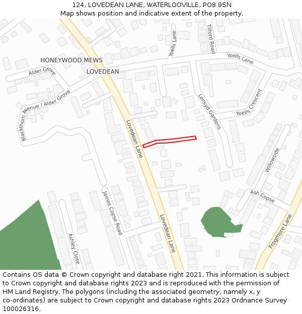 124, LOVEDEAN LANE, WATERLOOVILLE, PO8 9SN: Location map and indicative extent of plot