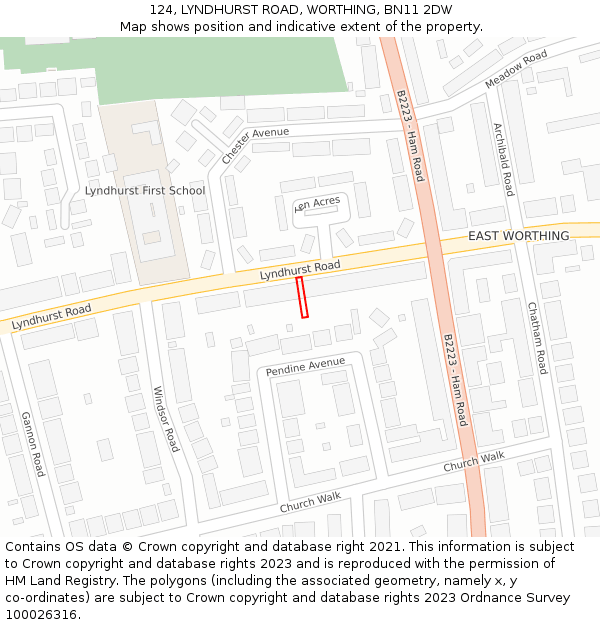 124, LYNDHURST ROAD, WORTHING, BN11 2DW: Location map and indicative extent of plot