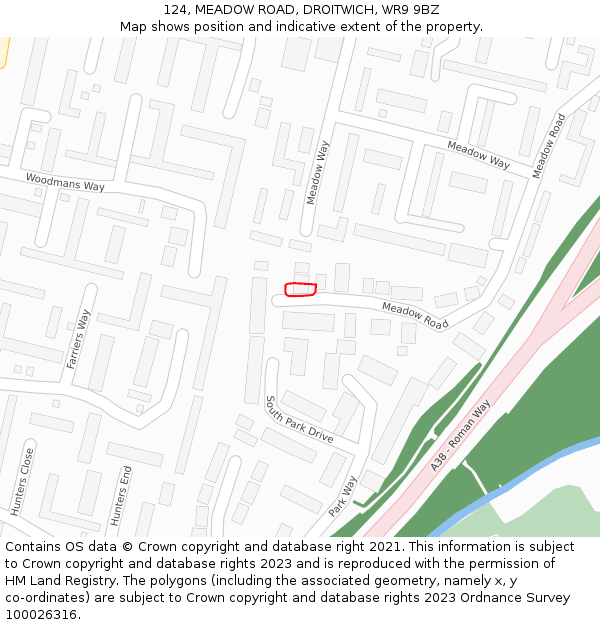 124, MEADOW ROAD, DROITWICH, WR9 9BZ: Location map and indicative extent of plot