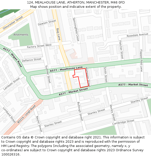 124, MEALHOUSE LANE, ATHERTON, MANCHESTER, M46 0FD: Location map and indicative extent of plot