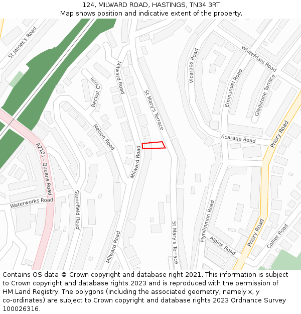 124, MILWARD ROAD, HASTINGS, TN34 3RT: Location map and indicative extent of plot