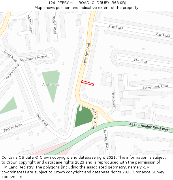 124, PERRY HILL ROAD, OLDBURY, B68 0BJ: Location map and indicative extent of plot