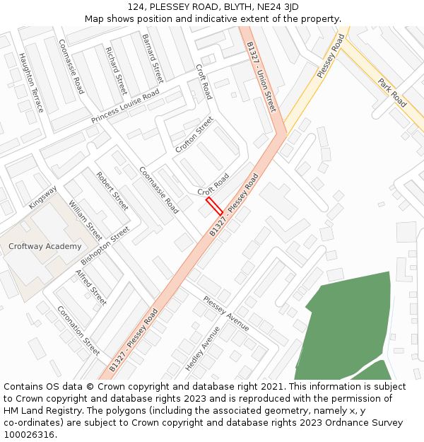 124, PLESSEY ROAD, BLYTH, NE24 3JD: Location map and indicative extent of plot