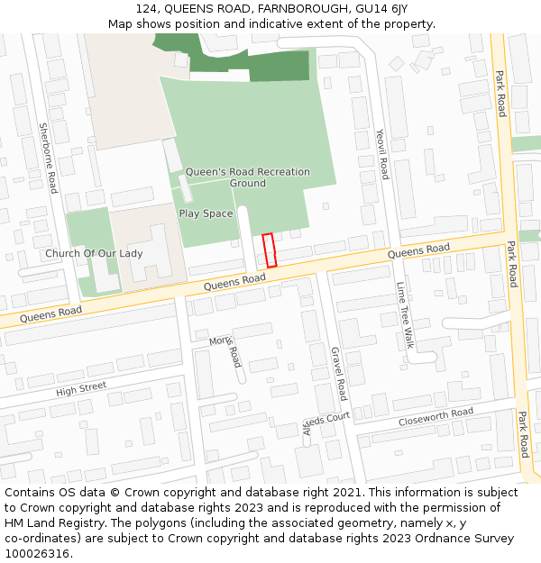 124, QUEENS ROAD, FARNBOROUGH, GU14 6JY: Location map and indicative extent of plot
