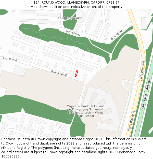 124, ROUND WOOD, LLANEDEYRN, CARDIFF, CF23 9PJ: Location map and indicative extent of plot